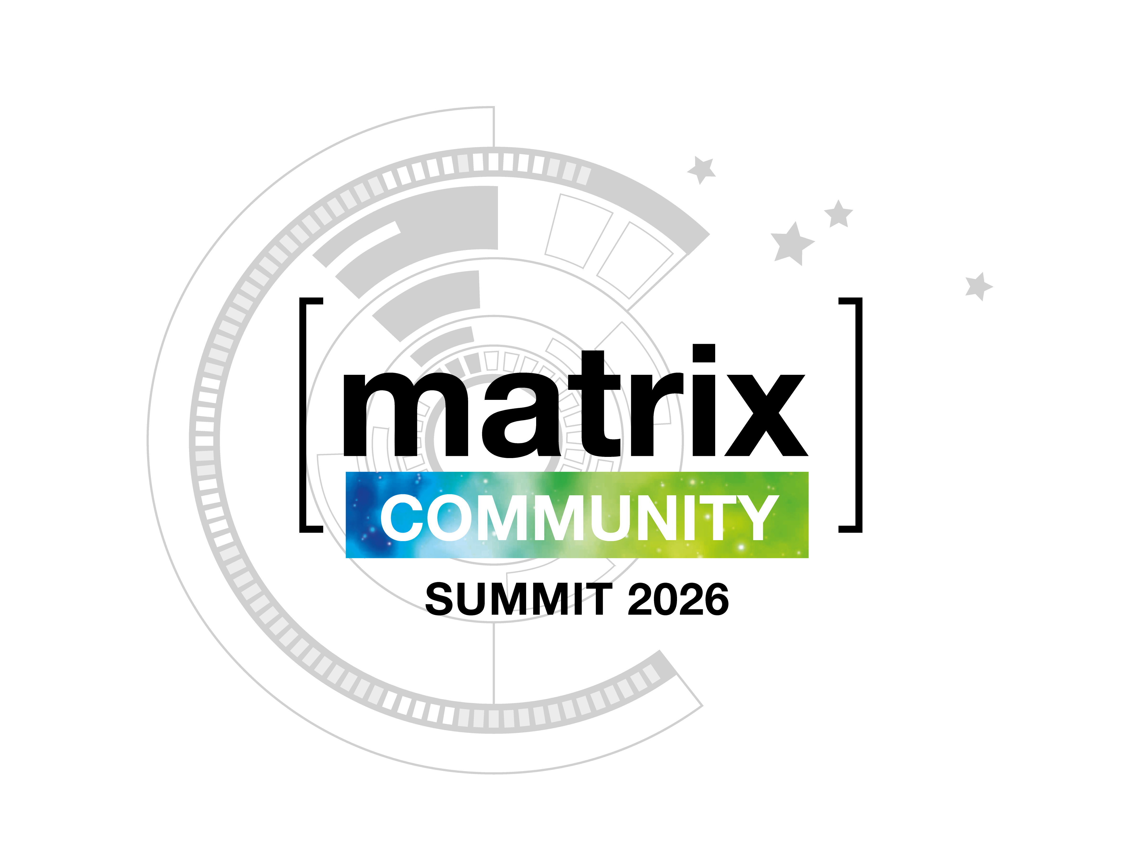 The logo of the 2025 Matrix Community Summit logo depicts 3 mountaintops and 3 stars in the sky in the background, with '[matrix] COMMUNITY SUMMIT -> Berlin 2025 <-' written in the front. The 'COMMUNITY' and 'Berlin 2025' part are in pink, the mountains are in light blue.